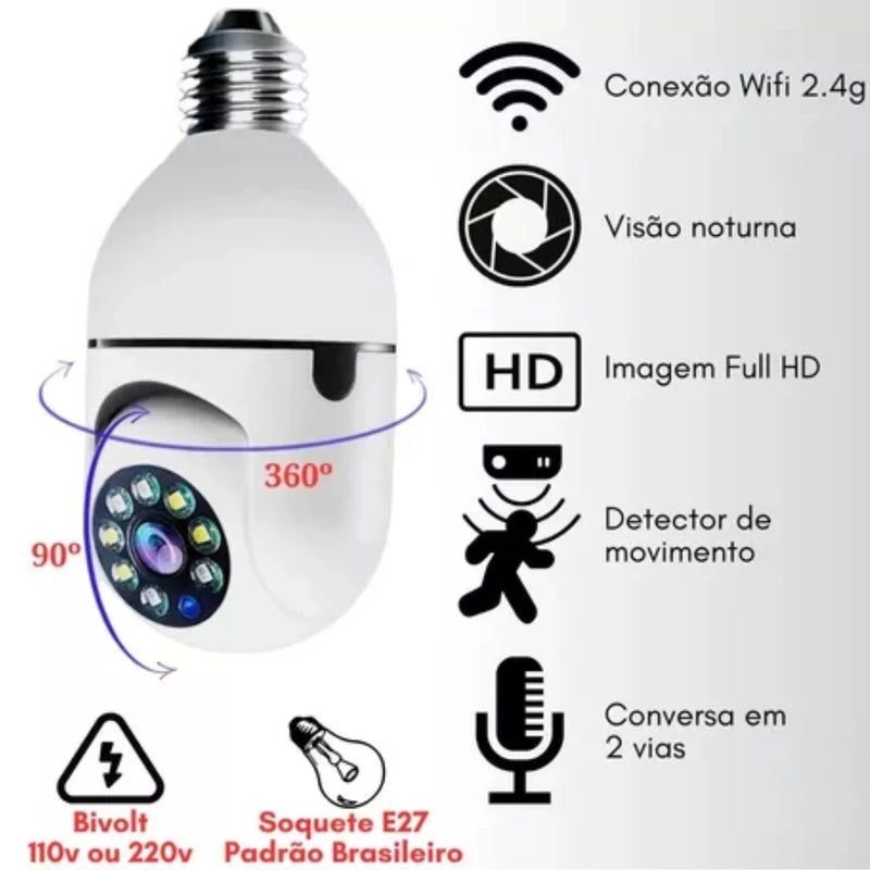 Câmera  Giratória 360 Lâmpada Smart Wi-Fi Full Hd 1080p Visão Noturna Interna